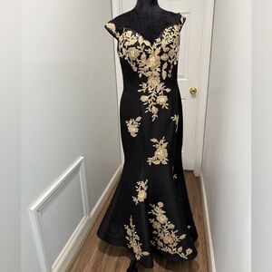 Jovani Black Gown with Gold Floral Design